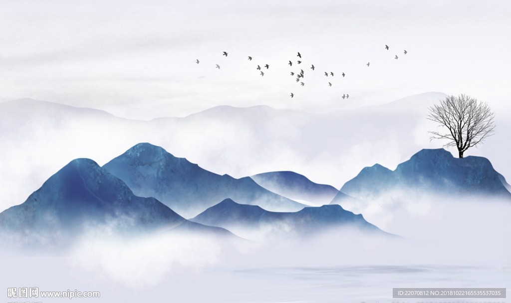 中式蓝色水墨山水背景墙