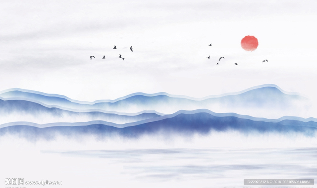 中式蓝色水墨高山飞鸟背景墙
