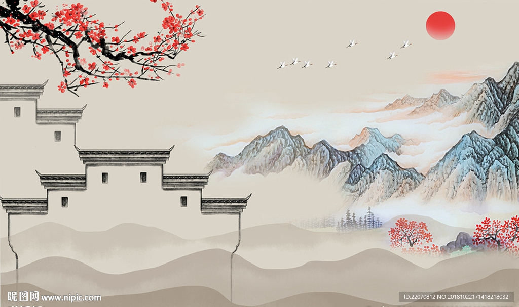 中式山水水墨徽派建筑背景墙