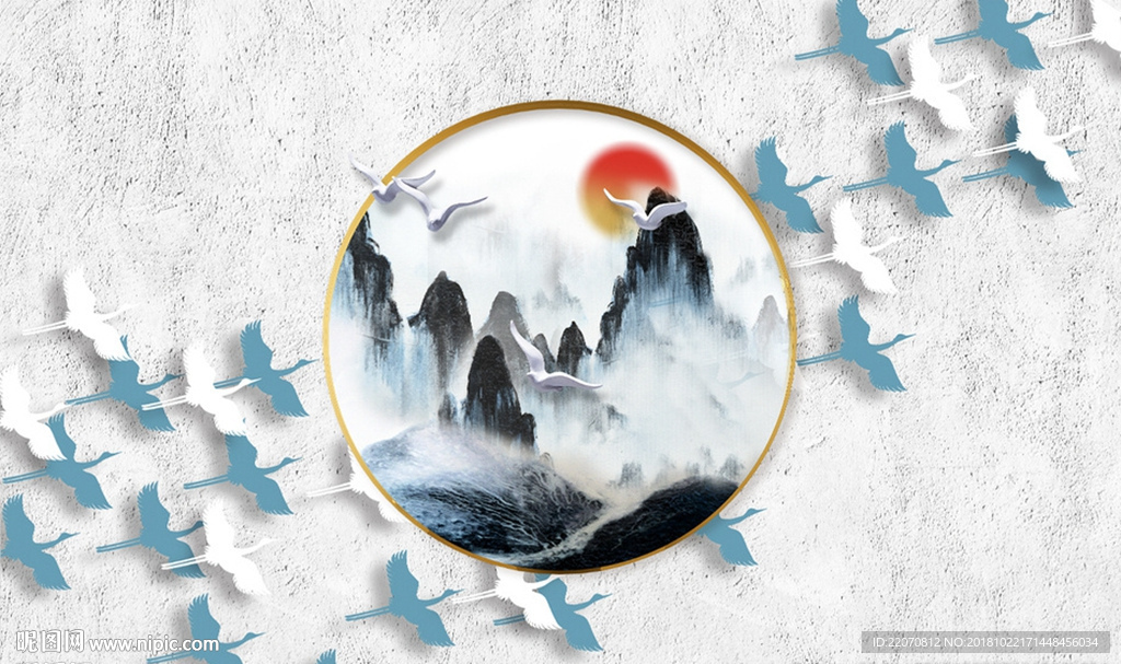 新中式山水浮雕飞鸟背景墙