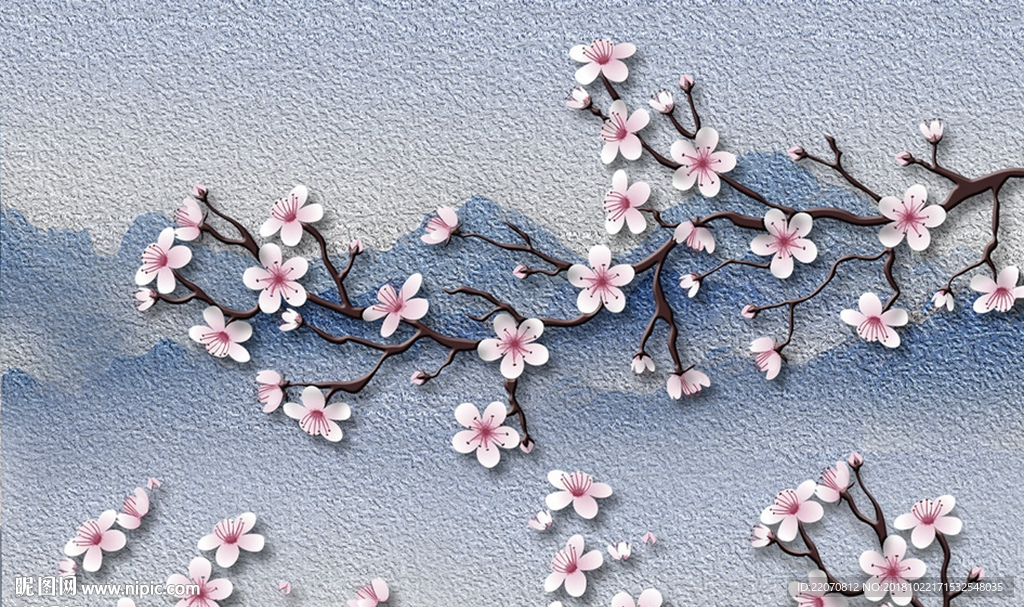 新中式立体花朵山水背景墙