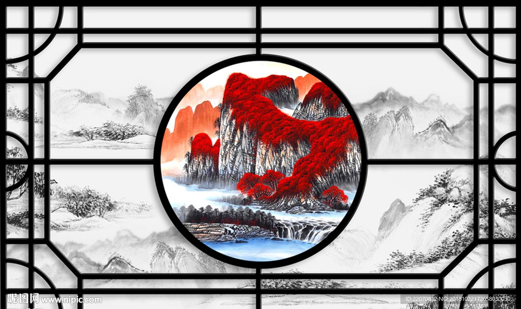 立体水墨山水窗格背景墙