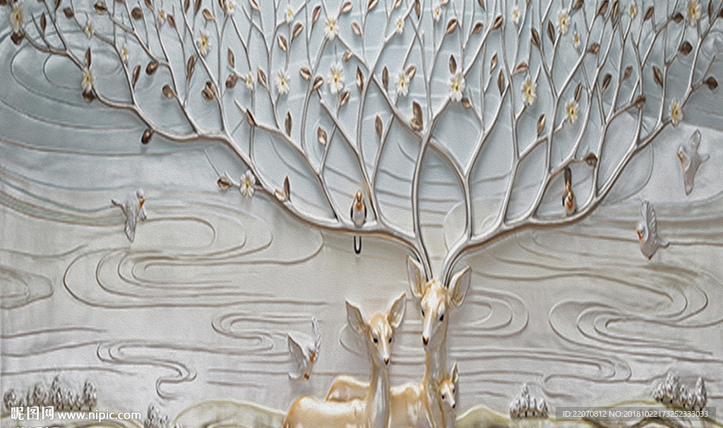 现代油画浮雕小鹿花卉背景墙