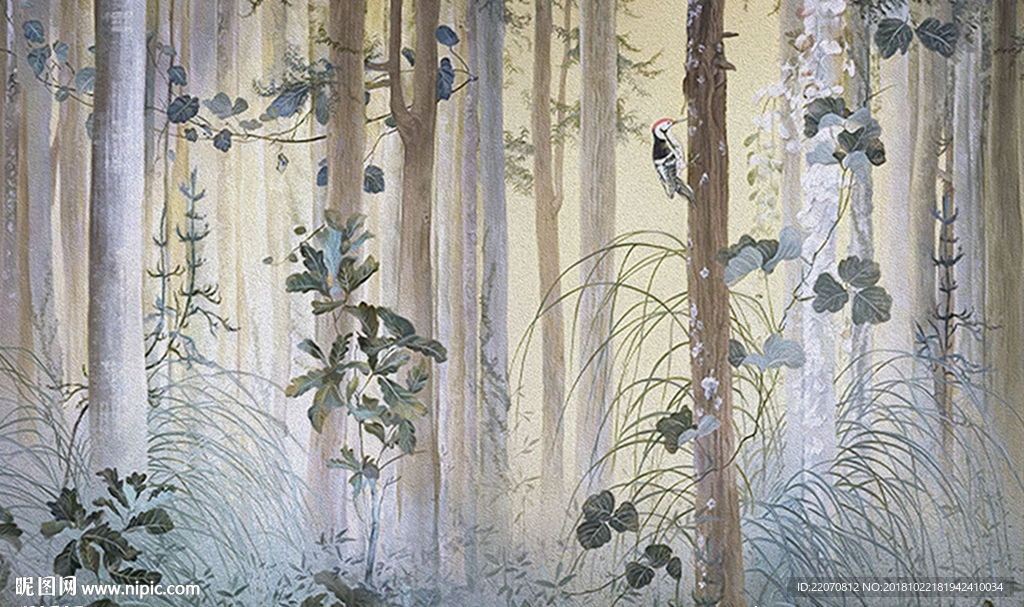 手绘抽象树林现代简约背景墙