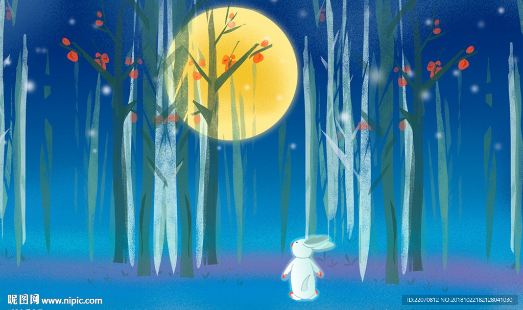 抽象白兔月夜森林风景背景墙