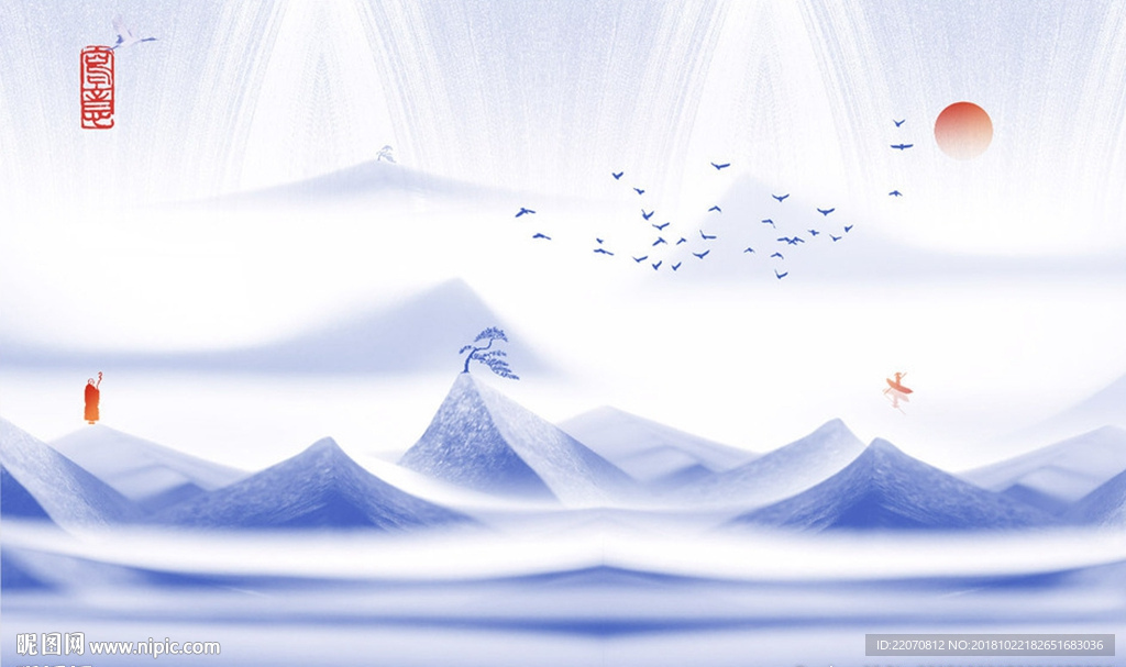 中式水墨山水蓝色简约背景墙