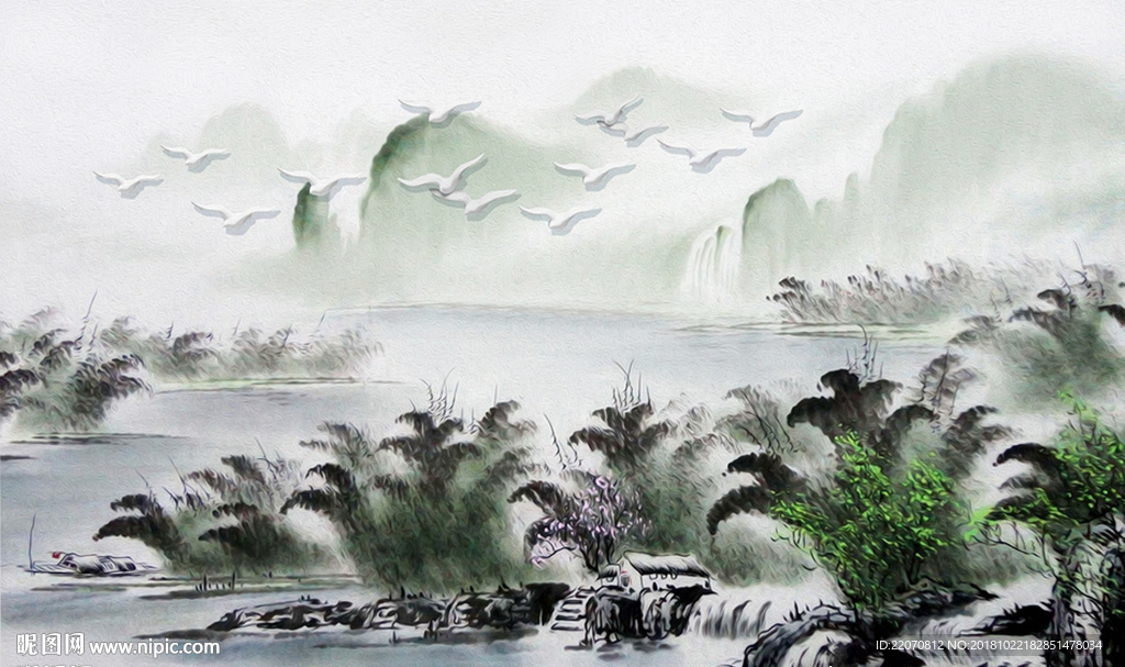 中式山水风景飞鸟背景墙