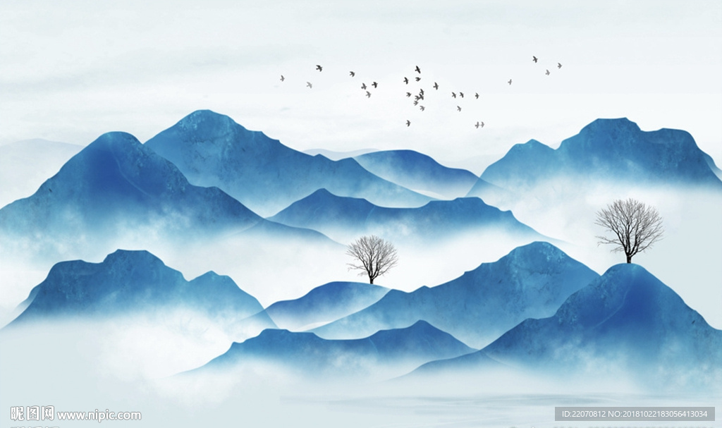 中式蓝色水墨山水飞鸟背景墙