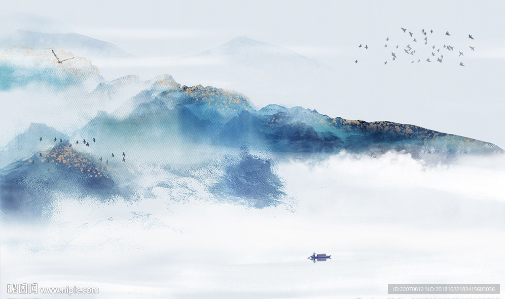 中国风蓝色水墨山水背景墙