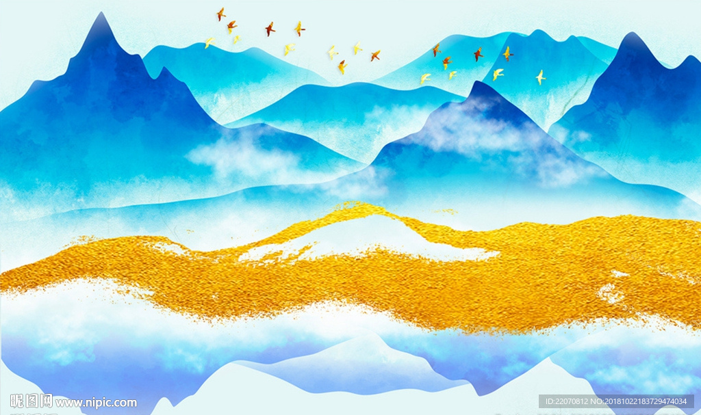 意境重彩山水金箔河流背景墙