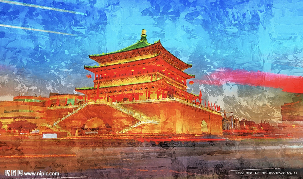 中式城市风光西安古镇背景墙