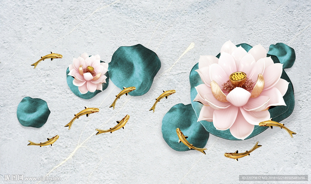 莲花荷叶金鱼浮雕背景墙