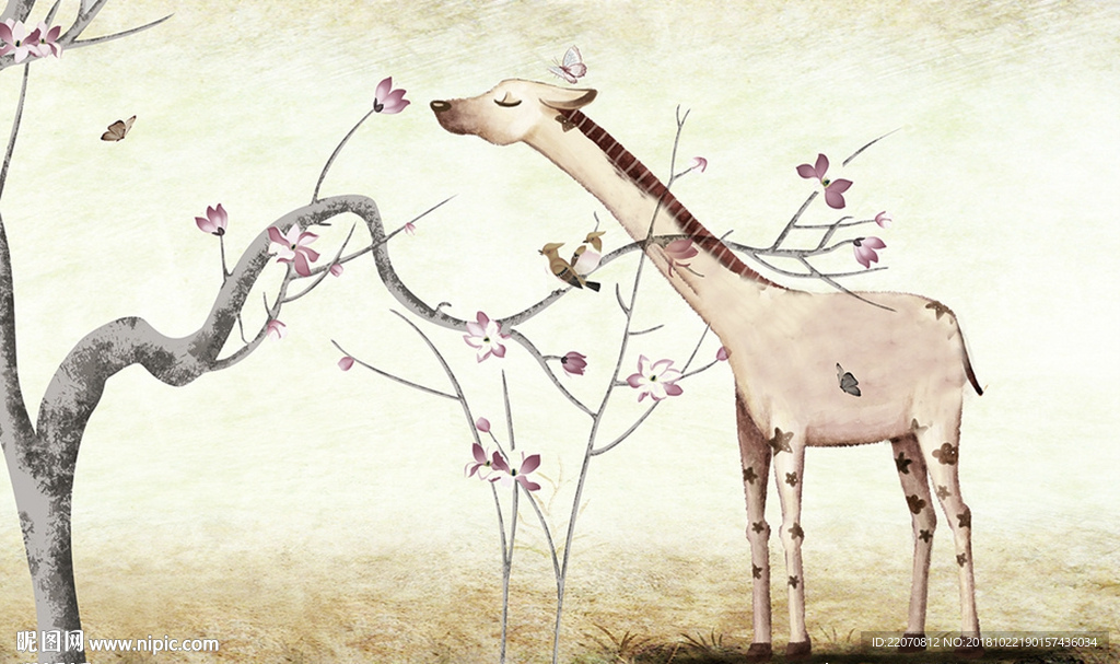 现代长颈鹿花枝背景墙