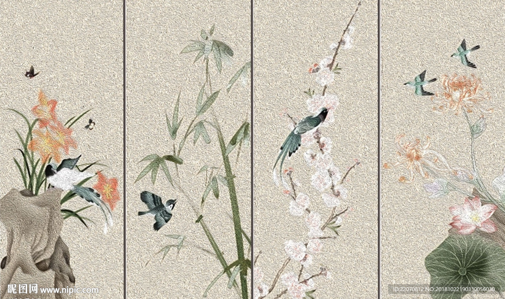 新中式花卉鸟类背景墙