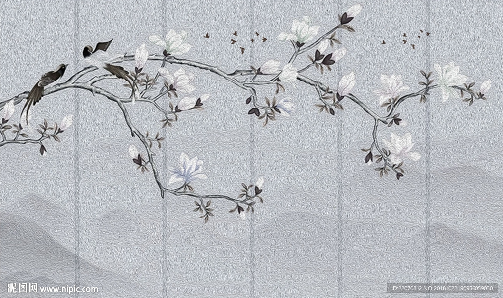 新中式玉兰花山水背景墙