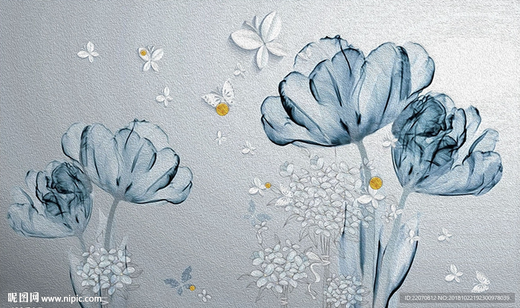 唯美简约丹青色花卉蝴蝶背景墙