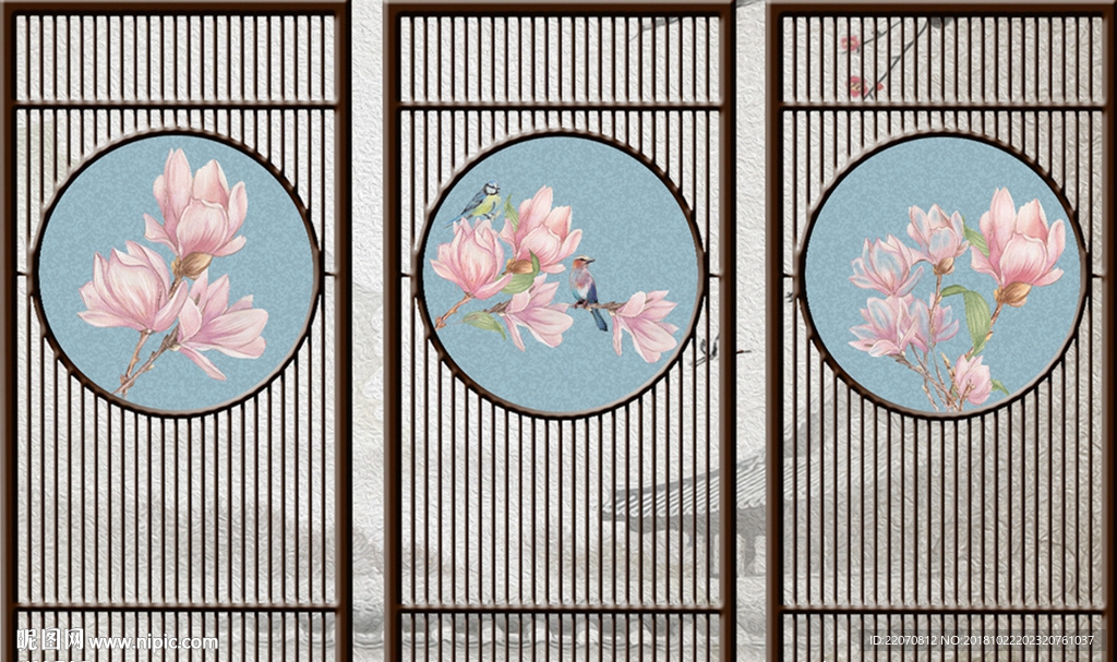 中式意境手绘玉兰花枝背景墙