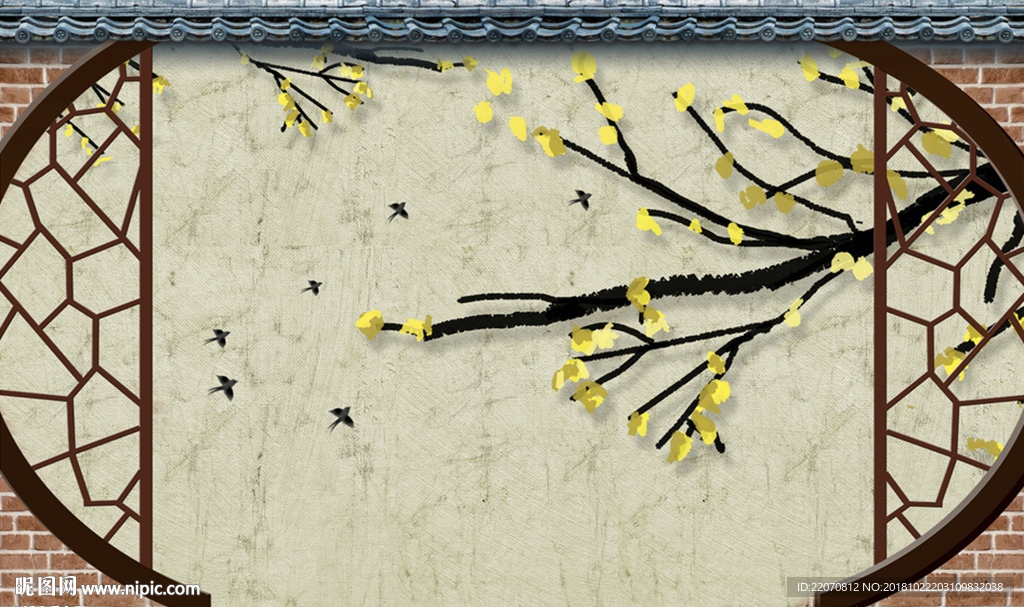 中式手绘水墨花枝背景墙