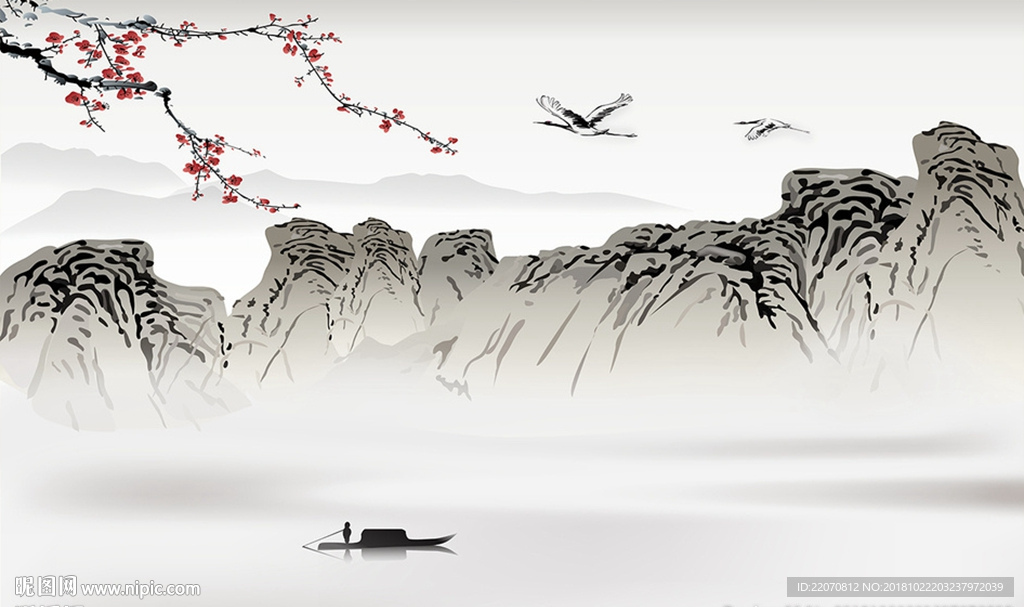 中式手绘山水梅花背景墙