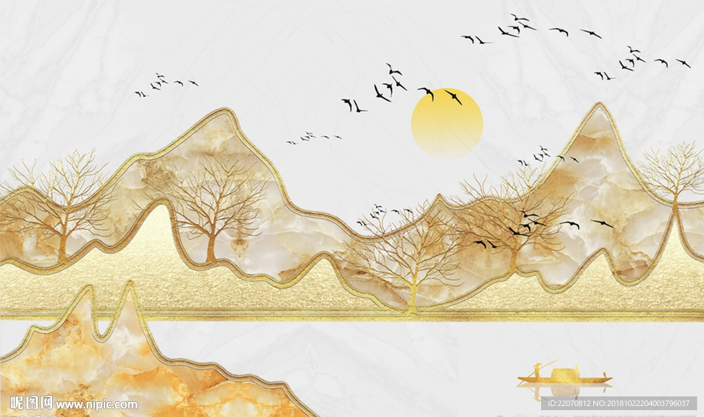 中式金色浮雕山水背景墙