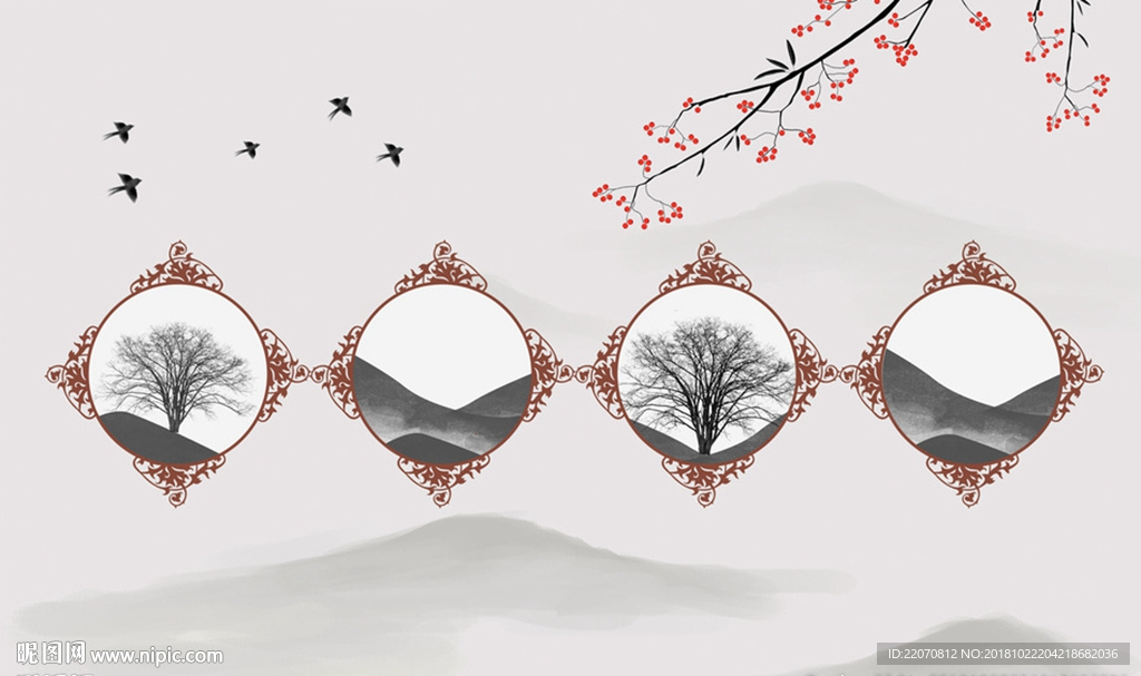 中式简约花鸟山水背景墙
