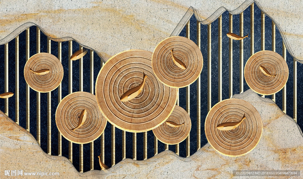 古典3d年轮木鱼背景墙