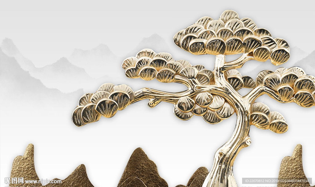 中式浮雕立体松树假山背景墙