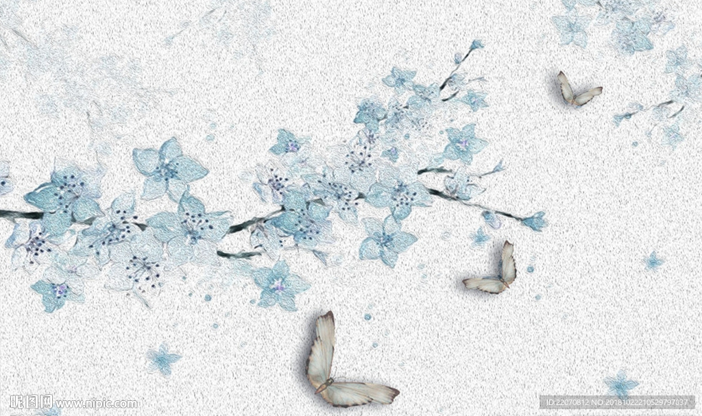 中式樱花蝴蝶蓝色背景墙
