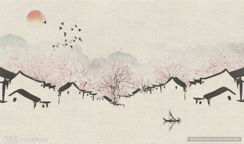 中式手绘徽派建筑背景墙