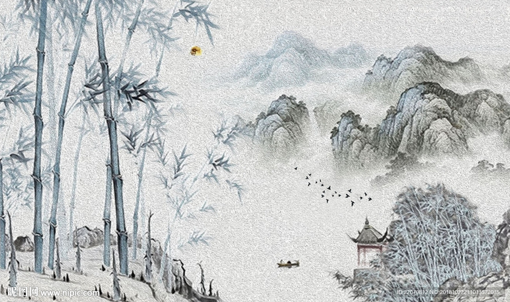 新中式丹青色竹林山水背景墙