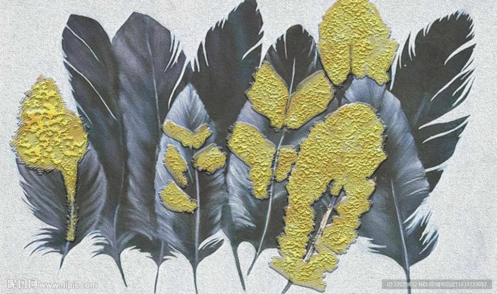 简约墨兰色羽毛金箔背景墙