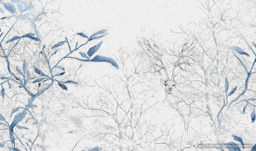 简约淡雅蓝色树木麋鹿背景墙