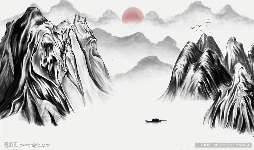 现代时尚山顶日出风景画背景墙