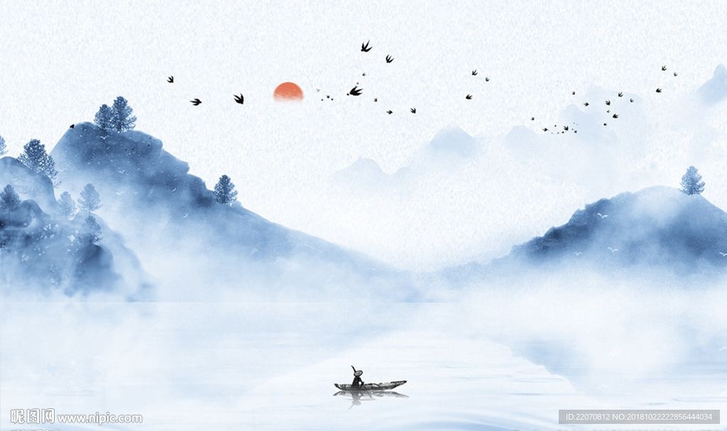 中国风蓝色水墨山水背景墙