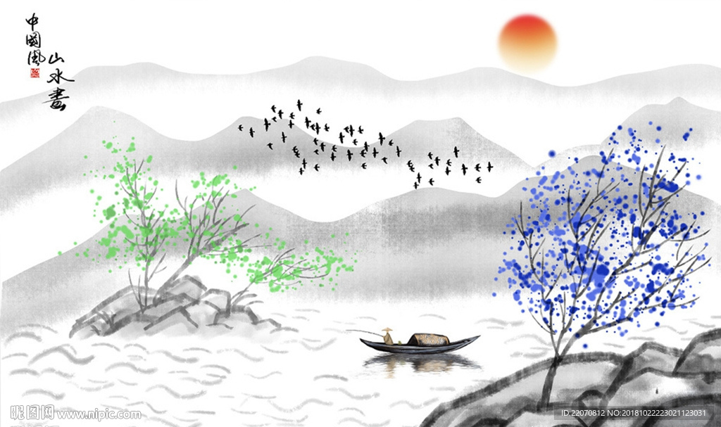 中国风手绘抽象山水画背景墙
