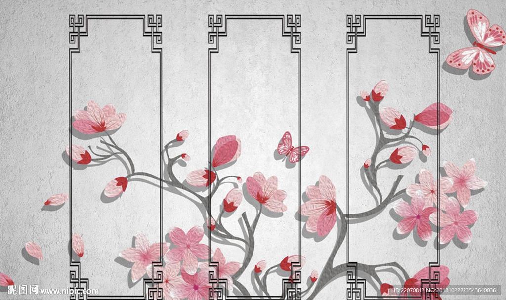中式手绘水墨花枝蝴蝶背景墙