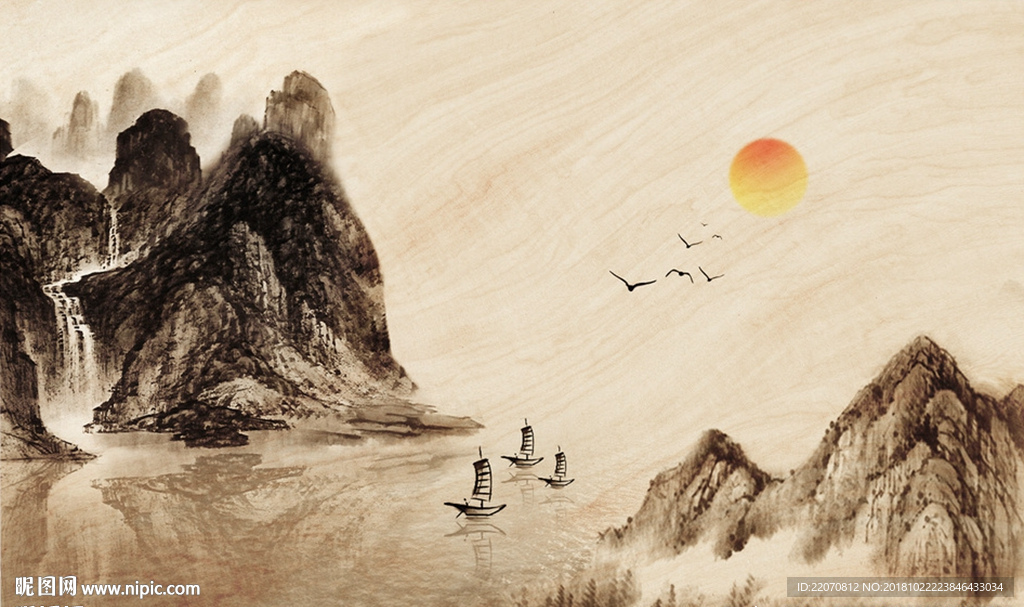 诗意小船山河背景墙