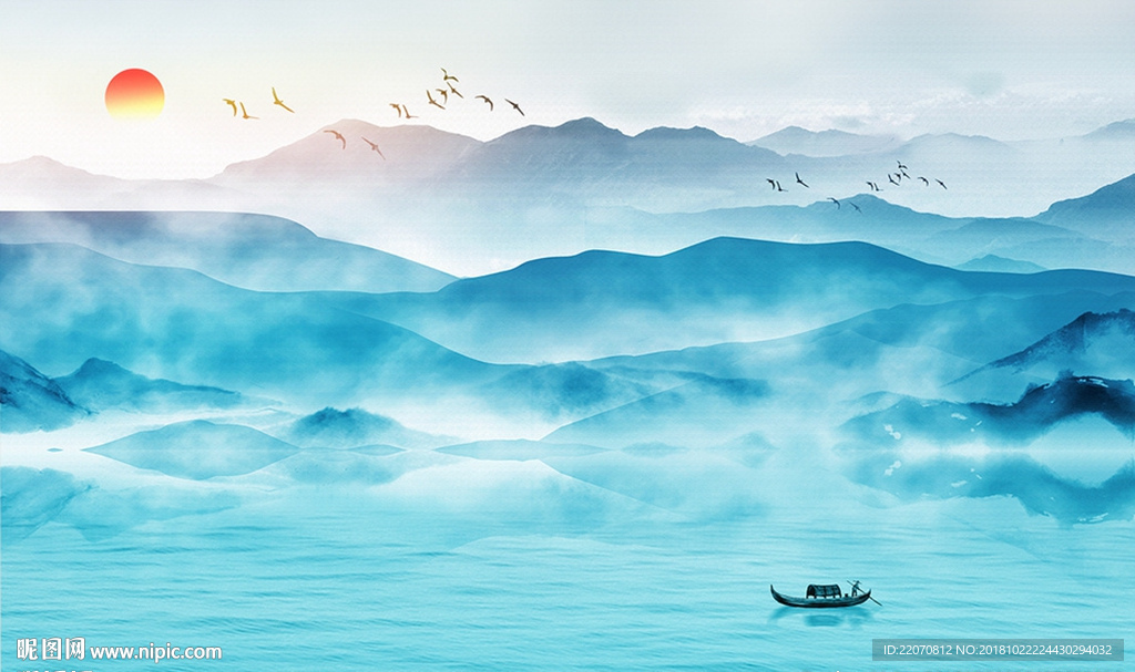 蓝色水墨山水风景意境背景墙