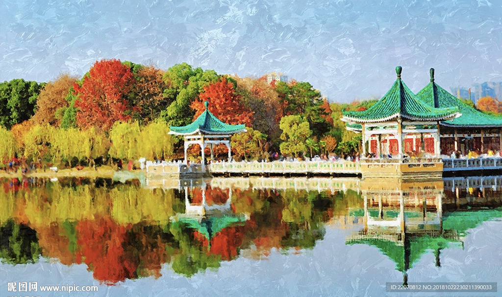 现代油画城市风景东湖背景墙