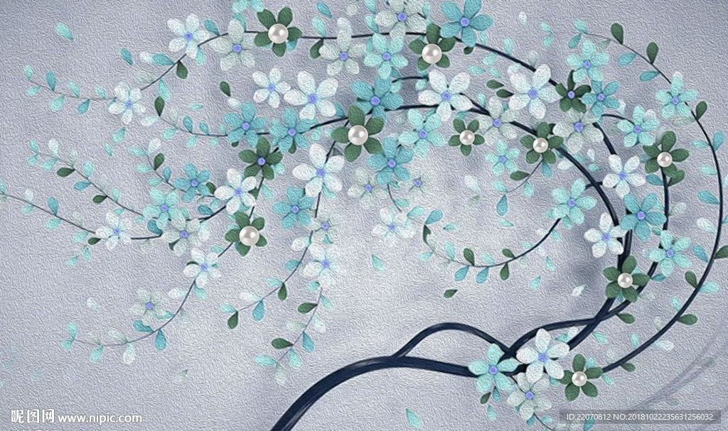 花卉珍珠蓝色背景墙