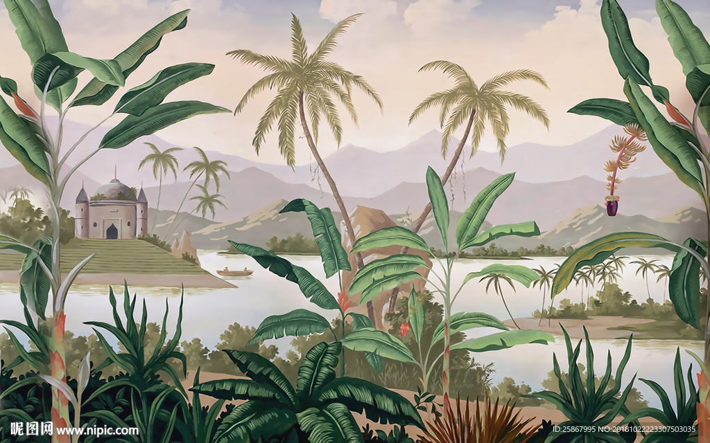 北欧现代手绘热带植物壁画