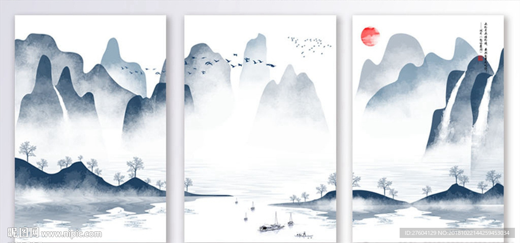 新中式水墨山水飞鸟装饰画