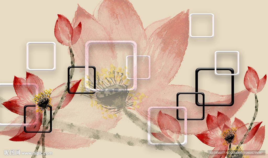 高清水墨唯美莲花立体背景墙