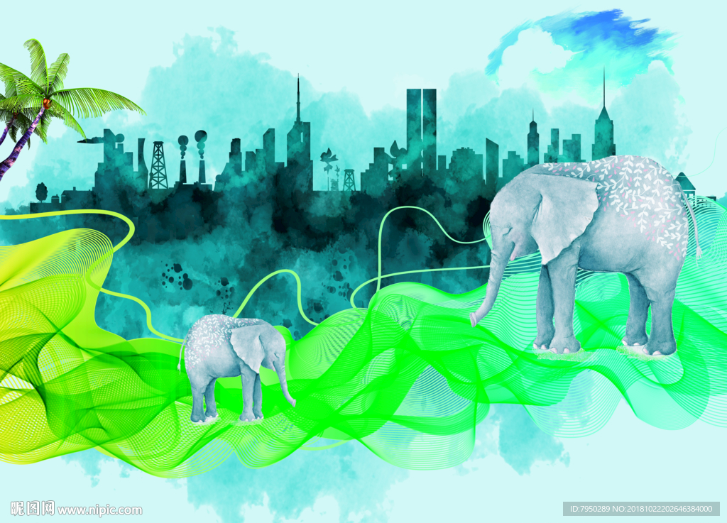北欧水彩城市大象背景墙