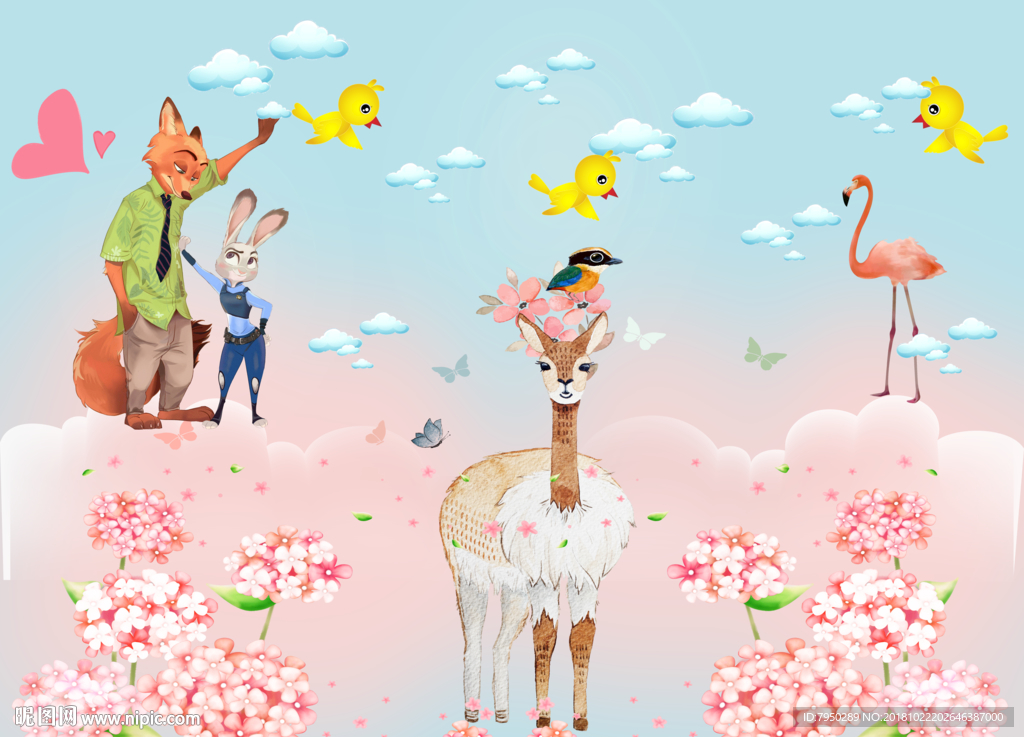 手绘卡通动物儿童房