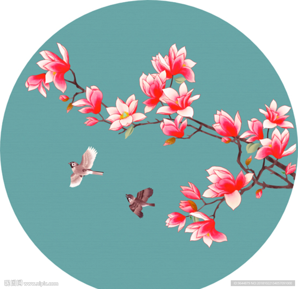 圆形玉兰花鸟图