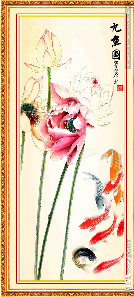 荷花九鱼图