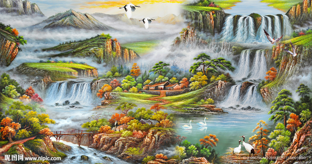 油画山水背景墙