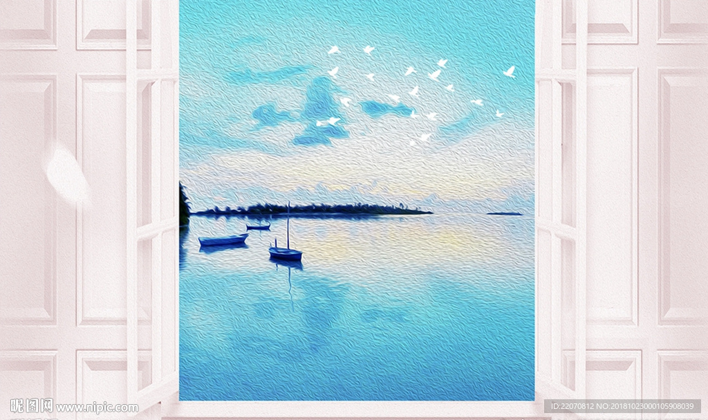 欧式窗户蓝色海景壁画背景墙
