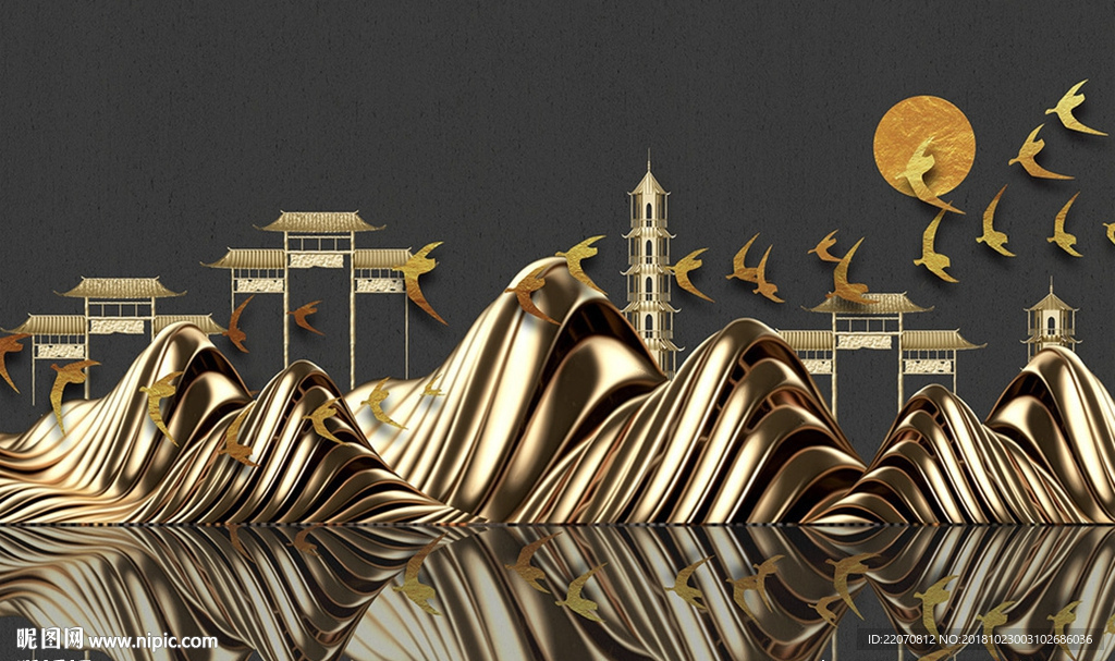 山水宝塔飞鸟浮雕背景墙